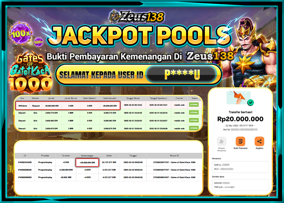 ZEUS138 JACKPOT GATES OF GATOTKACA 1000 Rp.20.000.000,- LUNAS